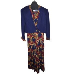 Vintage 90s Pant Set Cropped Knit Blazer Baroque WIde Leg Palazzo Womens L Blue